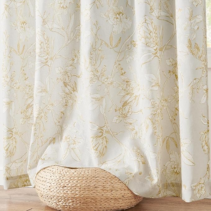 jinchan Floral Curtains 84 Inches Long Mustard Yellow Flower Linen Farmhouse Curtain for Living Room French Country Vintage Curtain Rod Pocket Curtains Set 2 Panels Floral Printed