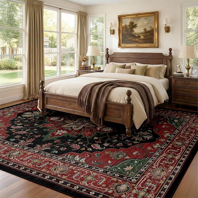 RELEANY Area Rugs 9'x12' Washable Non-Slip, Floral Vintage Distress Print Pattern Medallion Carpet for Living Room Bedroom Dining Room, Red Black