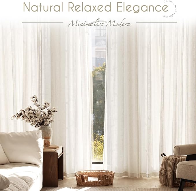 2 Panels Set Cream Linen Curtains 108 inches Long For Living Room Neutral Farmhouse Light Filtering Semi Sheer Linen Drapes 108 inch Ceiling To Floor For Large Window Villa Hallway Ivory FT 42x108