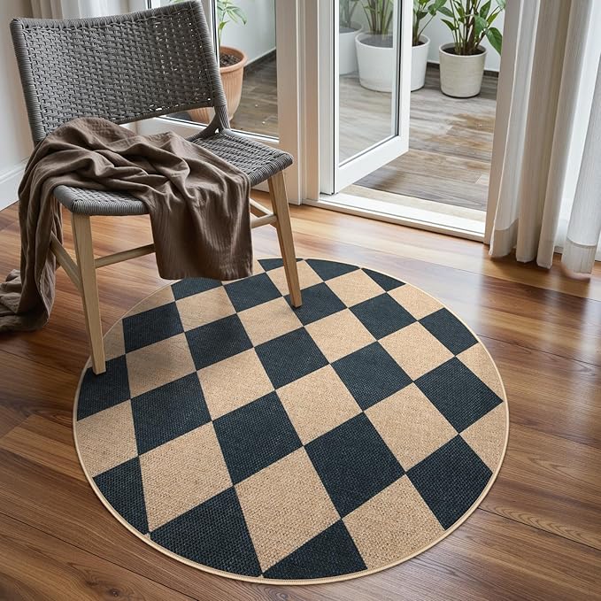Lahome Colette Checkered Round Rug 3ft, Circle Indoor Outdoor Entryway Patio Rug Washable Easy Jute Rug, Farmhouse Non Slip Small Round Rugs for Bedroom Porch Living Room Decor