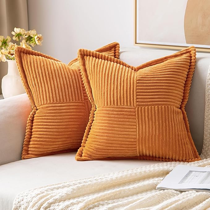 MIULEE Burnt Orange Decorative Throw Pillow Covers for Couch Bed Livingroom 18x18 Inch Set of 2 Boho Accent Throw Pllows Broadside Striped Patchwork Soft Corduroy Pillowcases