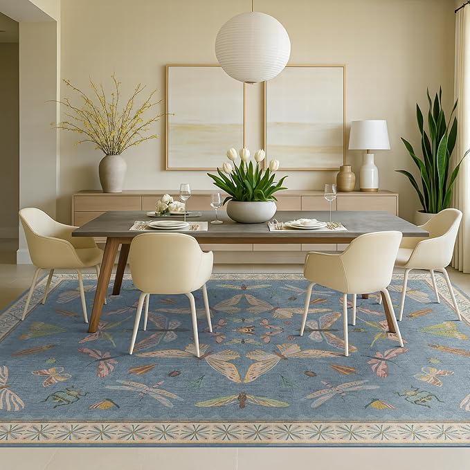 Washable Living Room Rug 8x10, Dusty Blue Area Rugs for Bedroom Under Bed, Dining Room Under Kitchen Table, Kids Room, Playroom, Lage Modern Boho Carpet, Ultra Soft Stain Resistant Colorful Decor