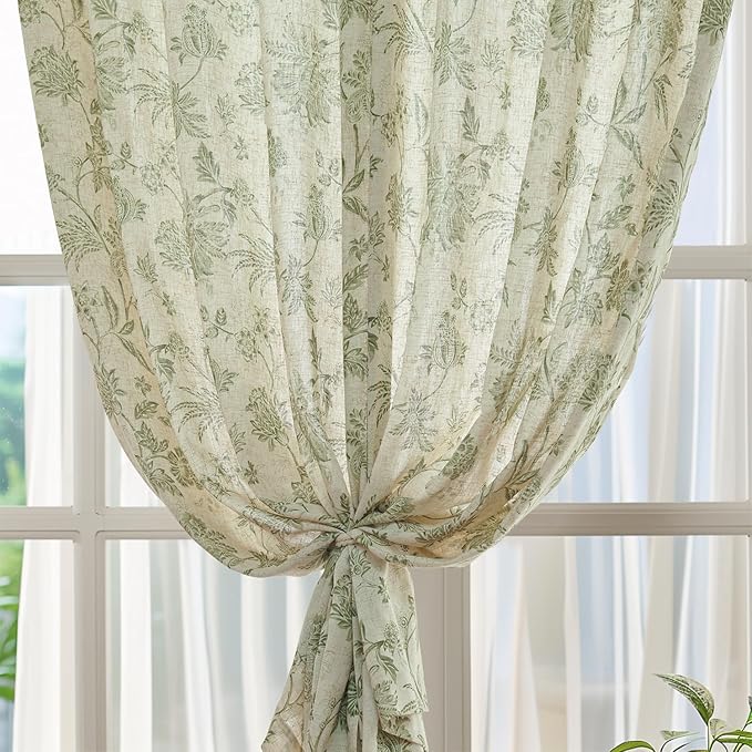 jinchan Linen Floral Curtains for Living Room with Printed Flower 108 Inches Long Light Filtering Extra Long Back Tab Rod Pocket Sage Green Window Curtain Set Farmhouse Drapes, 2 Panels