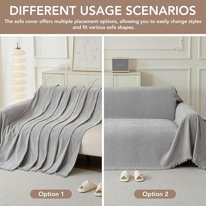 Couch Cover for Dogs, Boho Sofa Covers for 3 Cushion Couch, Chenille Sofa Slipcover for Pets Washable, L-Shape Sectional Couch Cover Soft Throw Blankets with Tassels(91x118,Grey)