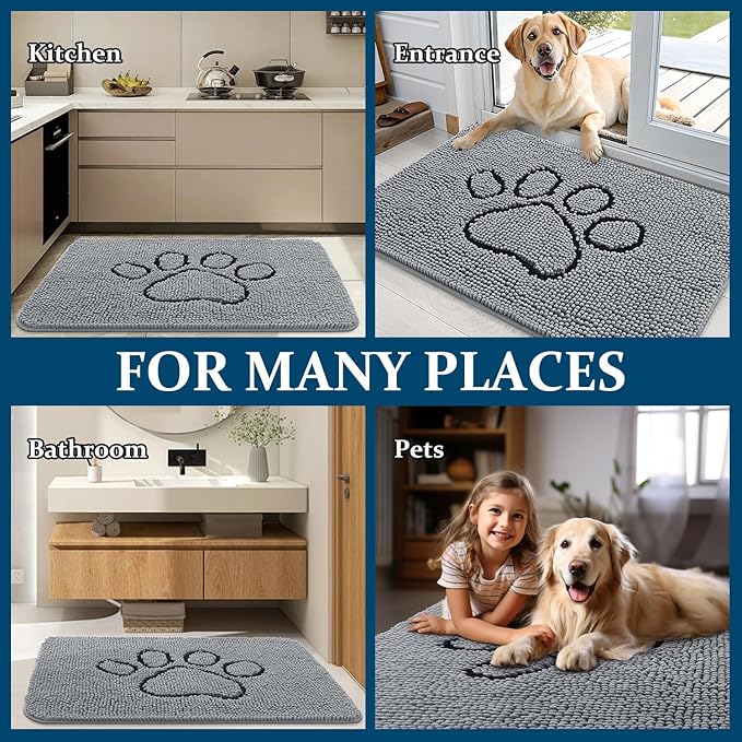 OLANLY Dog Door Mat for Muddy Paws 34x21, Paw Print Design, Absorbs Moisture and Dirt, Absorbent Non-Slip Washable Doormat, Quick Dry Chenille Mud Mat for Dogs, Entry Indoor Entryway Carpet, Grey