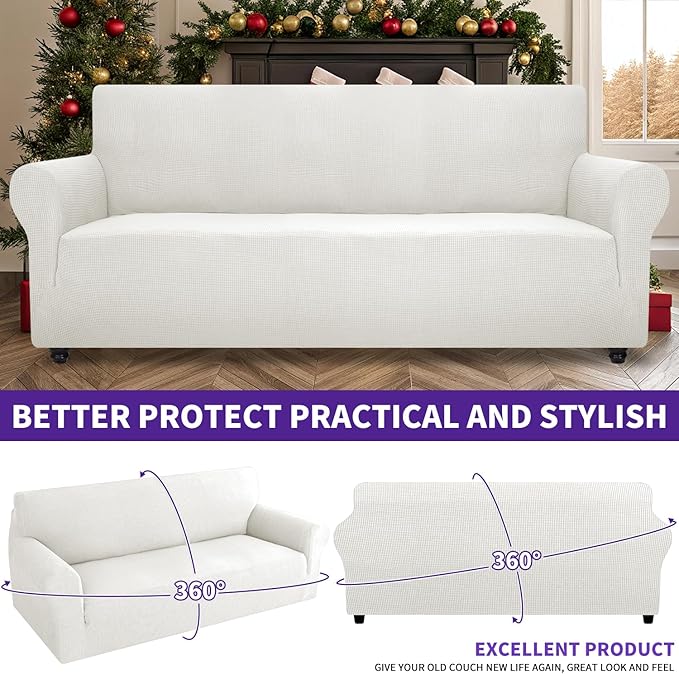 ZNSAYOTX Super Stretch Couch Cover (72"-92") Universal Sofa Covers with Elastic Bottom, Dog Cat Pets Friendly Washable Furniture Protector Fitted Sofa Slipcovers Stay in Place (White, Sofa)