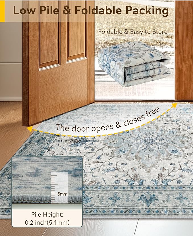 Area Rugs 4'x5' Washable Non-Slip, Floral Vintage Distress Print Pattern Medallion Carpet for Living Room Bedroom Dining Room, Light Blue Navy Beige Gray White