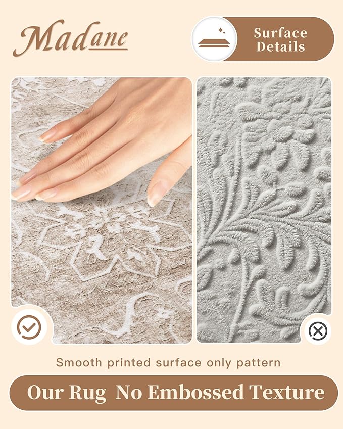 Madane Runner Rug 2x10 for Hallway, Kitchen Non-Slip Runner Rug with Rubber Backing, Vintage Soft Low Pile Throw Neutral Carpet Runner for Laundry Room Entryway Bathroom Bedroom (2 x 10, Brown/Sand)