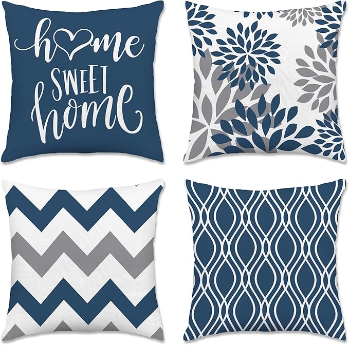 Hexagram Geometric Blue Pillow Covers 20x20 Set of 4, Decorative Outdoor Boho Modern Throw Pillow Covers, Home Sweet Home Farmhouse Cushion Case for Couch Sofa Bedroom Indoor Decor(No Insert)