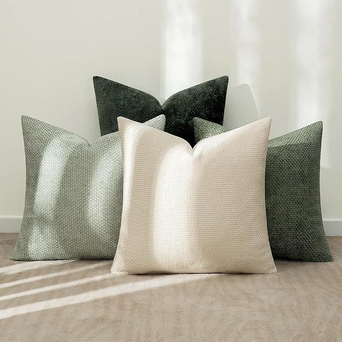 MIULEE Pack of 4 Couch Throw Pillow Covers 16x16 Inch Neutral Green Soft Decorative Chenille Pillow Covers Farmhouse Accent Cushion Covers for Boho Spring Home Decor Sofa Bedroom Living Room