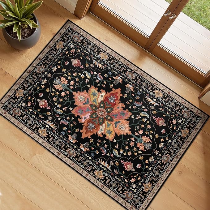 Area Rugs 2'6''x4' Kitchen Rugs Entry Rug Small Rugs for Entryway Kitchen Bathroom Door Mat Indoor Entrance,Washable Non Slip, Black Colorful Floral Dark Tan