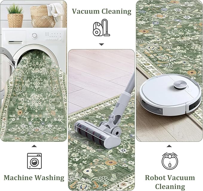 Yamaziot Washable Runner Rug 2x3 – Floral Non Slip Small Entryway Rug with Rubber Backing, Low Pile Faux Wool Distressed Carpet for Indoor Door Mat, Kitchen, Laundry Entrance, Green