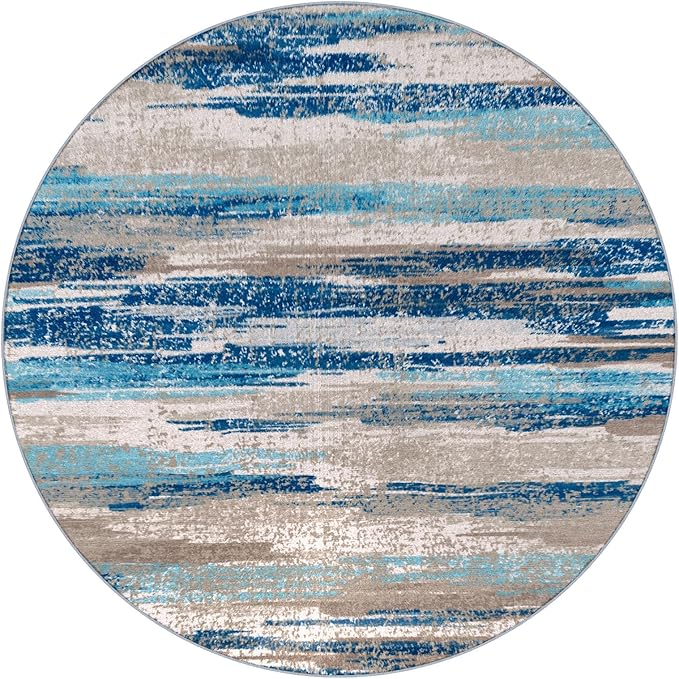 Lansny Modern Abstract Round Rug 5Ft, Blue Round Rug Washable Non-Slip Soft Small Circle Rug, Circular Dining Room Rugs Thin Print Faux Wool Carpet for Bedroom Living Room Office Playroom