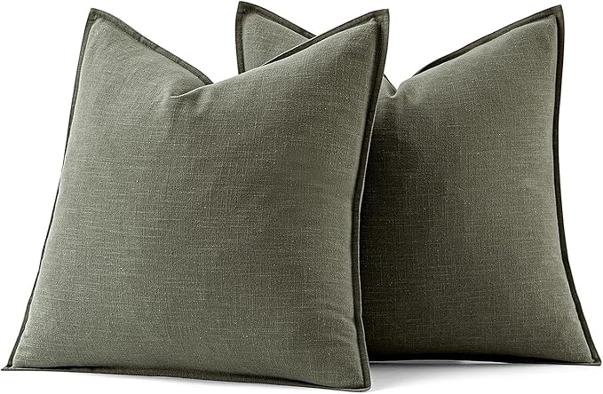 MIULEE Decorative Linen Euro Sham Pillow Covers 24x24 Inch Olive Green Boho Farmhouse Neutral Couch Throw Pillows for Bed Pack of 2 Accent Outdoor Pillowcase Modern Sofa Cushion Livingroom Home Decor