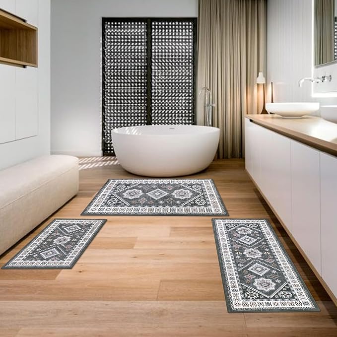 HEBE Boho Kitchen Rug Sets 3 Piece with Runner Non Slip Kitchen Rugs and Mats Washable Kitchen Mats for Floor Thick Kitchen Floor Mat Carpet Runner Rugs for Hallway Laundry Holiday Decor
