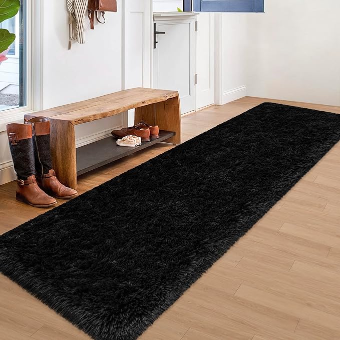 2x8 Bedside Area Rugs for Bedroom Soft Fluffy Shag Black Rug for Hallway Non-Slip Fuzzy Plush Living Room Rug Indoor Floor Carpet for Kids Rooms Dorm Nursery Modern Home Aesthetic Decor
