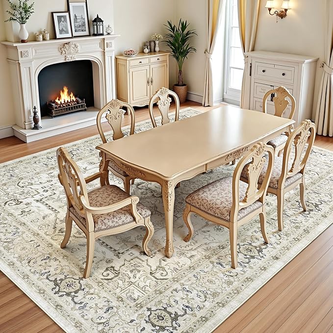 Lofus 8x10 Area Rugs for Living Room, Washable Area Rug, Rugs for Bedroom, Kitchen, Vintage Boho Carpet, Soft Non-Slip, Low Pile Large Area Rug for Office Dining Room, Beige and Brown