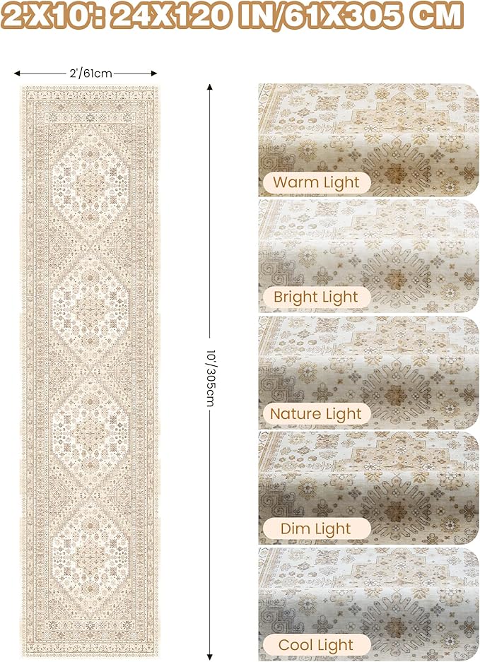 Runner Rug 2x10, Ultra-Thin Kitchen Rugs Non Slip Washable Rugs for Entryway Rug, Kitchen Runner Low Pile Vintage Soft Carpets for Living Room, Bathroom Bedroom (Cream/Beige,2'x10')