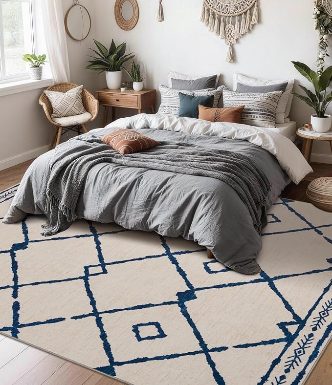 YIHOUSE Boho Rugs for Living Room, 6x9 Western Beige and Blue Area Rug, Moroccan Geometric Soft Low-Pile Washable Rugs for Bedroom, Dining Room