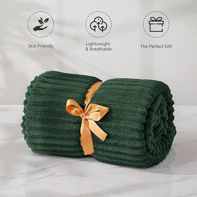 BEDELITE Fleece Throw Blanket for Couch – 3D Ribbed Jacquard Soft and Warm Decorative Fuzzy Blanket – Cozy, Fluffy, Plush Lightweight Emerland Green Throw Blankets for Bed, Sofa, 50x60 inches