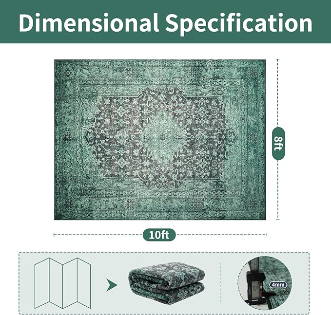 Washable Rugs 8x10 Area Rugs for Living Room- Vintage Green Rugs for Bedroom,Dining Room, Large Soft Low Pile Carpet with Non Slip Rubber Backing,Neutral Accent Rug for Nursery Home Office