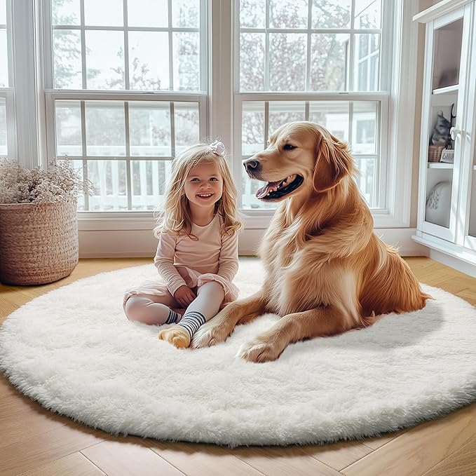 ONASAR Cream White Round Area Rugs 6ft, Fluffy Soft Bedroom Circle Rug Floor Mat for Kids Girls Boys Teen Room, Fuzzy Plush Shaggy Carpet for Baby Nursery Living Room Playroom Dorm Home Decor