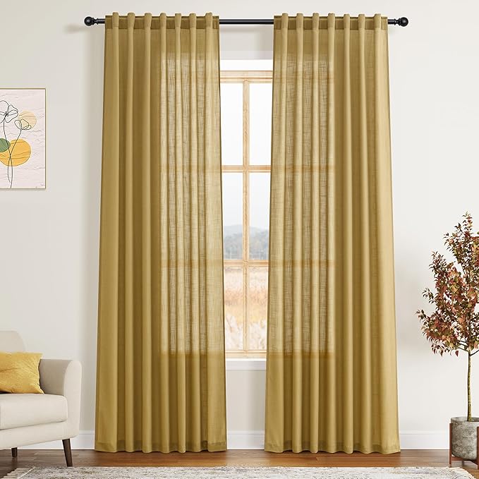 Nanspring Gold Linen Curtains 84 Inch Length 2 Panels Set for Living Room Rod Pocket Back Tab Light Filtering Window Drapes for Bedroom Dining Room Protect Privacy Modern Farmhouse Decor 52x84