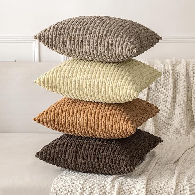 MIULEE Pack of 2 Corduroy Decorative Throw Pillow Covers 16x16 Inch Soft Boho Striped Pillow Covers Modern Farmhouse Home Decor for Sofa Living Room Couch Bed Brown