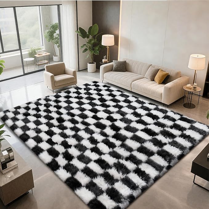 Checkered Area Rugs for Bedroom Living Room,4x6 Black and White Fluffy Soft Checkered Rug Fuzzy Shag Shaggy Carpet, Indoor Plush Floor Rugs for Kids Boys Girls Teen Dorm Nursery Home Decor