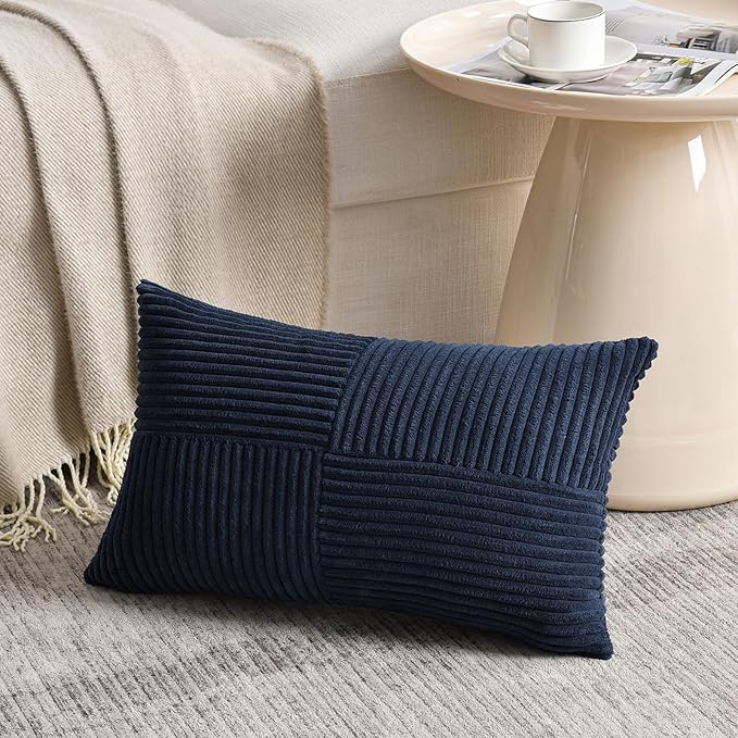 Fancy Homi 2 Packs Navy Blue Lumbar Decorative Throw Pillow Covers 16x28 Inch for Living Room Couch, Rustic Farmhouse Boho Home Decor, Soft Striped Corduroy Rectangle Accent Cushion Case 40x70 cm