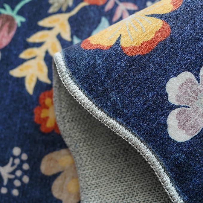 2x6 Hallway Floral Rug Runner: Washable Non Slip Low Pile Area Rug for Kitchen Front Door Soft Water Resistant Carpet for Bathroom Light Weight Durable Floor Mat for Bedroom Nursery(2x6/Blue/Purple)
