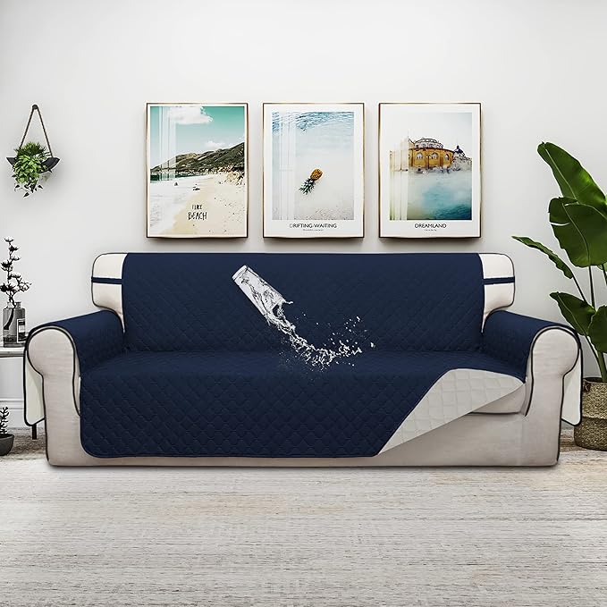 ISSUNTEX Double Protection 100% Waterproof Sofa Covers for Living Room, Reversible Couch Covers for 3 Cushion Couch Sofa, Furniture Protector Sofa Cover for Pets (X Large, Navy/Ivory)