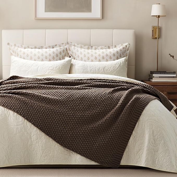 EVERGRACEHOME Chunky Chenille Knit Throw Blanket for Couch, Soft Luxurious Moss Stitch Blankets for Bed, Cozy Decorative Farmhouse Knitted Throws for Sofa, Cocoa Brown, 60" x 80"