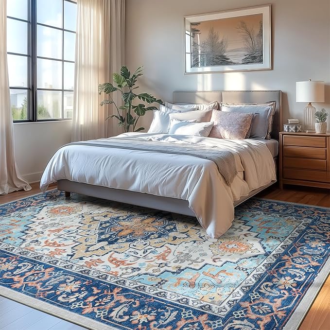 Lofus 6x9 Area Rugs for Living Room, Washable Area Rug, Rugs for Bedroom, Kitchen, Vintage Boho Carpet, Soft Non-Slip, Low Pile Large Area Rug for Office Dining Room, Floral Blue