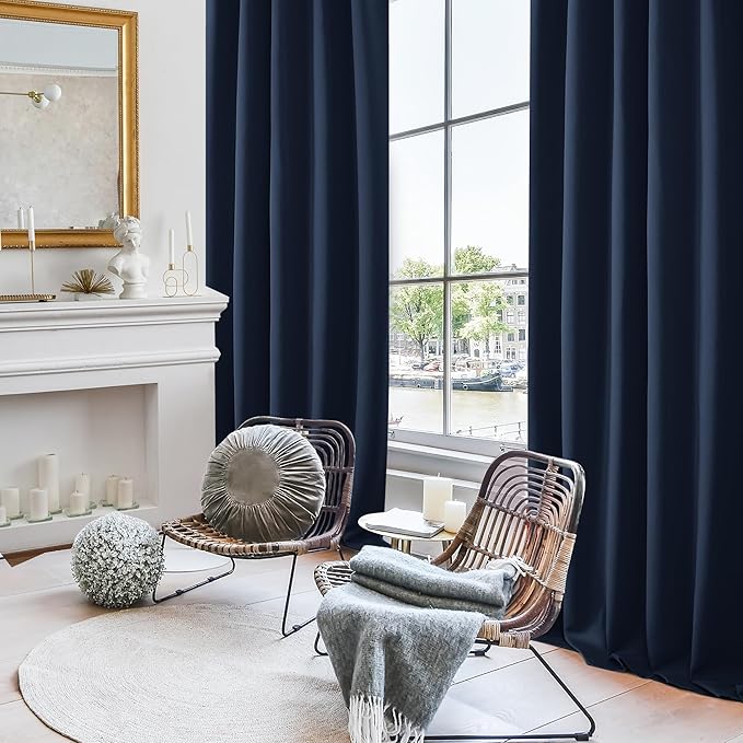 Deconovo Short Blackout Curtains for Small Windows, Thermal Insulated Rod Pocket and Back Tab Curtains, 42W x 45L Inch, Navy Blue, 2 Panels