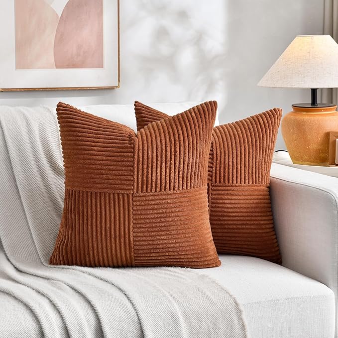 Fancy Homi 2 Packs Rust Samll Decorative Throw Pillow Covers 12x12 Inch with for Living Room Couch Bed, Farmhouse Boho Home Decor, Soft Corss Patchwork Corduroy Square Terracotta Cushion Case 30x30 cm