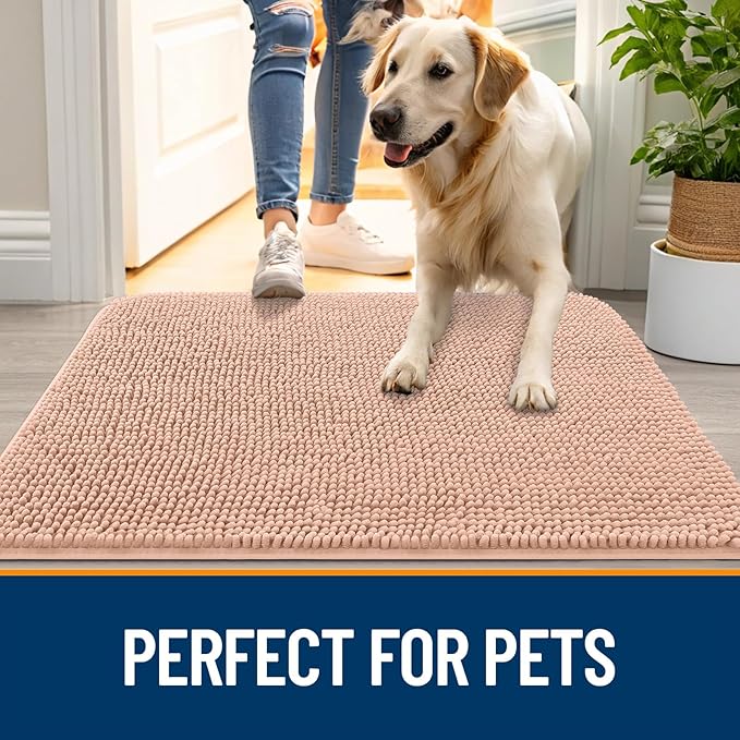 OLANLY Dog Door Mat for Muddy Paws 59x24, Absorbs Moisture and Dirt, Absorbent Non-Slip Washable Doormat, Quick Dry Chenille Mud Mat for Dogs, Entry Indoor Entryway Carpet for Inside Floor, Peach