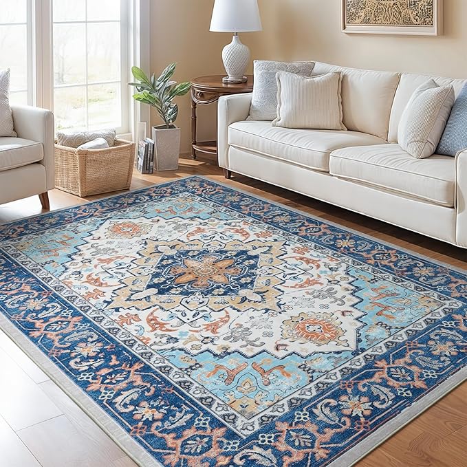 Lofus 5x7 Area Rugs for Living Room, Washable Area Rug, Rugs for Bedroom, Kitchen, Vintage Boho Carpet, Soft Non-Slip, Low Pile Large Area Rug for Office Dining Room, Floral Blue