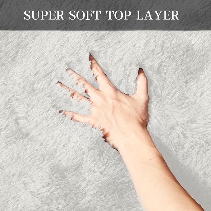 Large Area Rugs for Living Room, Super Luxury Soft Fluffy Modern Bedroom Rug, Big Indoor Thick Soft Nursery Rug, Non-Skid Nursery Faux Fur Carpet for Kids Room Home Décor, 6x9 Feet Cream White