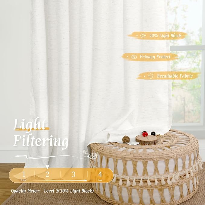 LAMIT Ivory White Linen Curtains 54 Inch Length, Faux Linen Textured Light Filtering Panels Rod Pocket Privacy Neutral Drapes for Window/Bedroom/Living Room, 2 Panels, 42 x 54 Inch