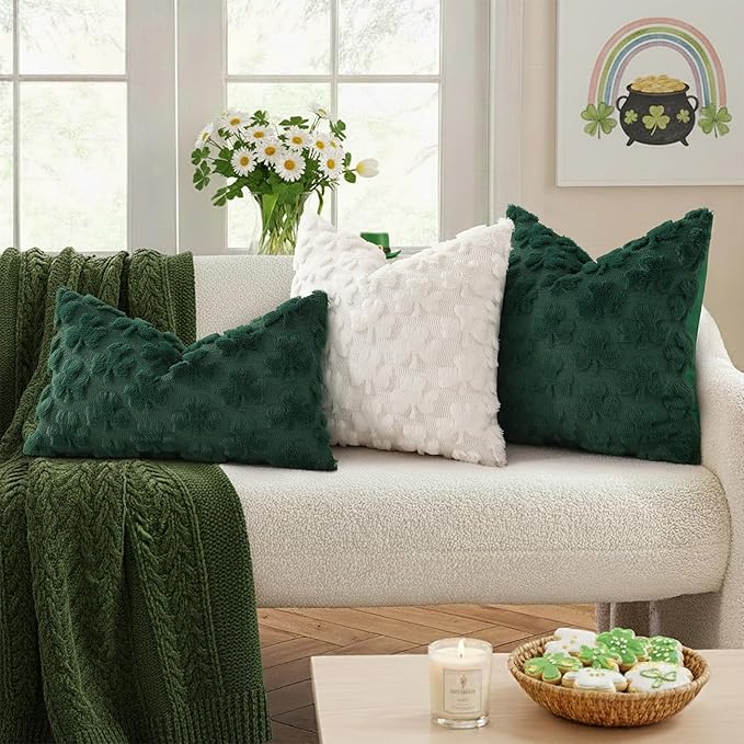 decorUhome St. Patrick’s Day Shamrock Pillow Covers 12x20 Inch Set of 2, Soft Plush Faux Wool Cream White Throw Pillow Covers, Farmhouse Spring Holiday Decor for Sofa Living Room