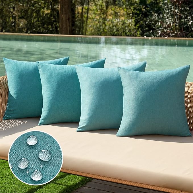 MIULEE Pack of 4 Decorative Outdoor Throw Pillow Covers Linen Waterproof Pillow Covers Farmhouse Cushion Cases for Patio Garden Tent Balcony Couch Sofa 16x16 inch Turquoise