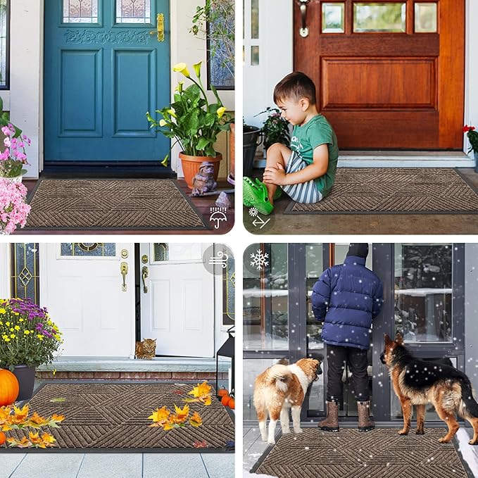 Smiry Front Door Mat Outside Entrance, Heavy Duty Sturdy Natural Rubber Doormat, Trap Dirt and Moisture, Easy Clean Low Profile Mats for Indoor Outdoor Entry, Irregular Triangle (71x34, Brown)