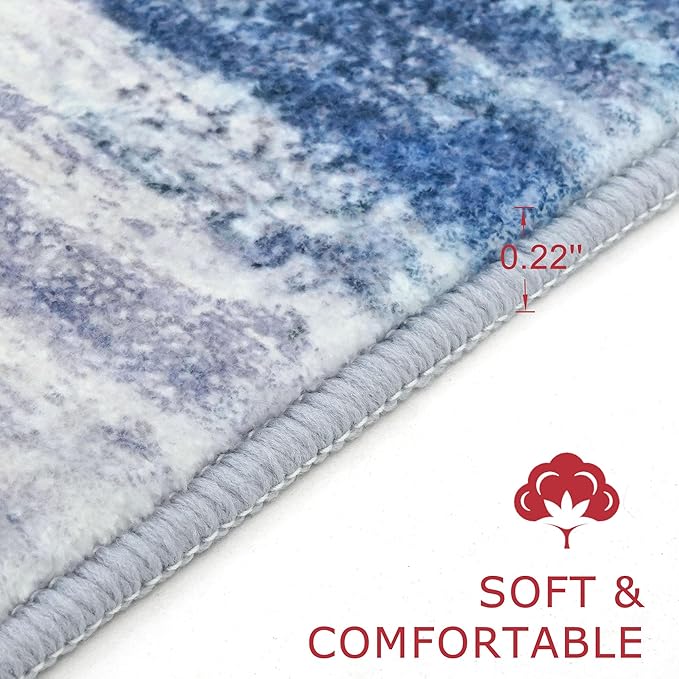 KOZYFLY Modern Abstract Hallway Runner Rug, 2.6x8 Washable Rug Runner Non-Slip Soft Striped Kitchen Runner Rugs, Print Blue/Grey/Beige Carpet Runner for Entryway Bathroom Laundry Room Foyer