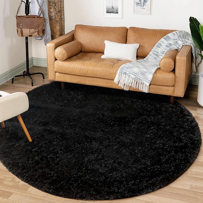 Black Round Rugs for Bedroom: 4ft Circle Fluffy Shag Soft Washable Rug Small Fuzzy Plush Indoor Carpet for Kids Girls Boys Nursery Dorm Classroom (Black, 4'x4')