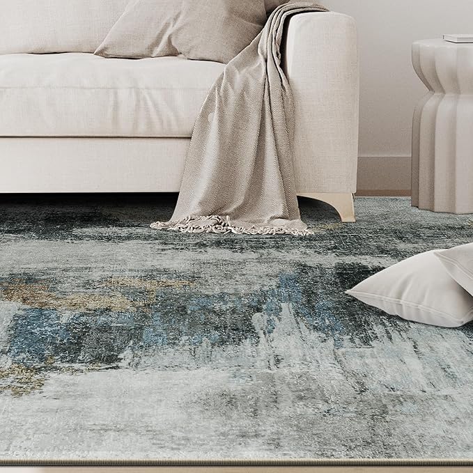 5x8 Area Rugs for Living Room Rug Washable: Abstract Rug for Dining Room Bedroom Carpet Non Slip 5 by 8 Indoor Modern Nursery Home Office Black Gold