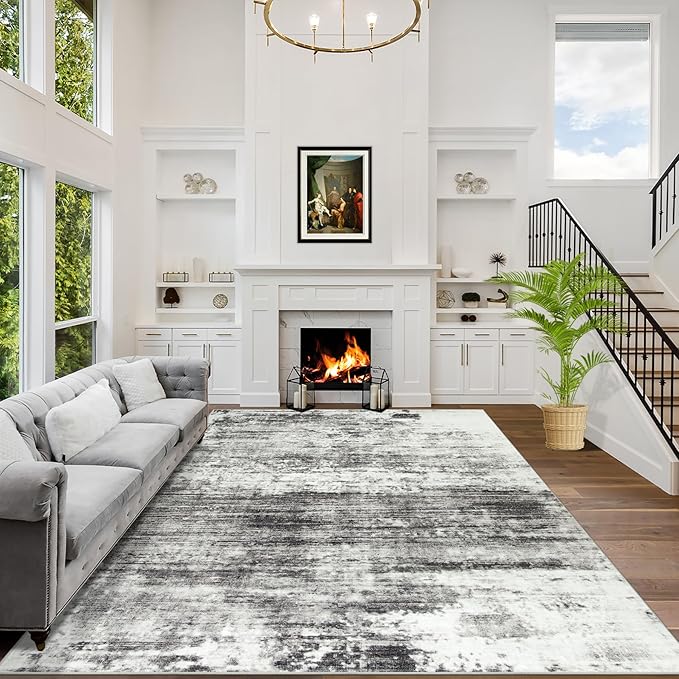 4x6 Area Rugs Washable Rug: Modern Abstract Living Room Rug Soft Anti-Skid Thin Carpet Indoor Floor Non-Shedding Carpets for Bedroom Dining Room Farmhouse Nursery Home Office - Black Grey