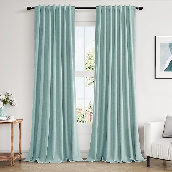 Guken 100% Blackout Linen Curtains 120 Inch Length 2 Panels Set for Living Room Bedroom Back Tab Thermal Insulated Black Out Linen Drapes Room Darkening Window Curtains,Light Blue