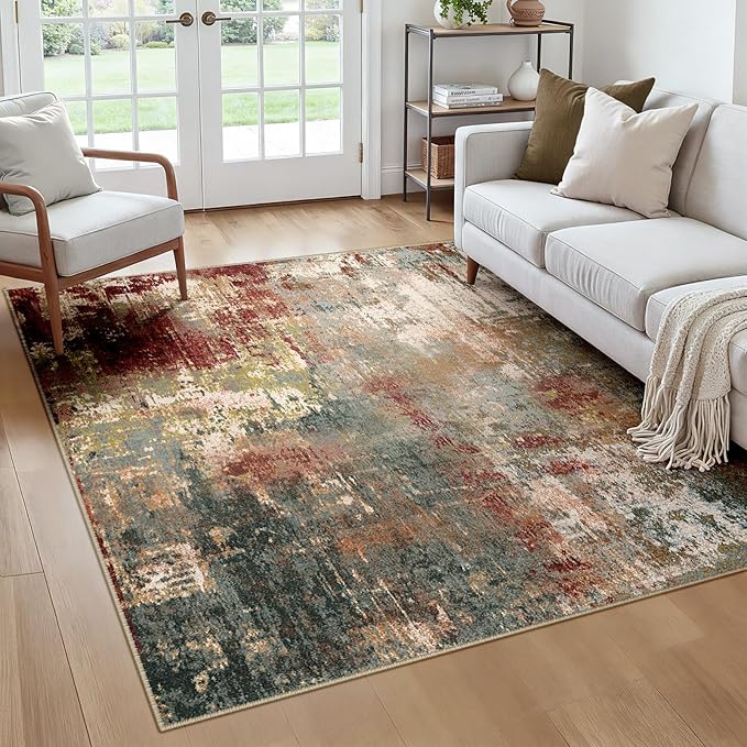 Washable Area Rugs Square 6ft Non-Slip Modern Abstract Soft for Living Room Entryway Bedroom Nursery, Print Pattern, Brown Rust Red Green Blue Multi