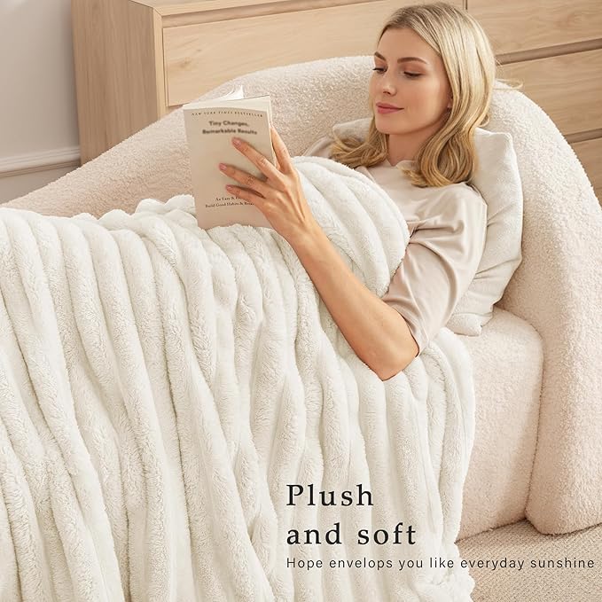 Exclusivo Mezcla Twin Size Flannel Fleece Blanket, Super Soft Striped Jacquard Bed Blanket, Lightweight Fuzzy Cozy for All Seasons, 60x80 Inches, Ivory